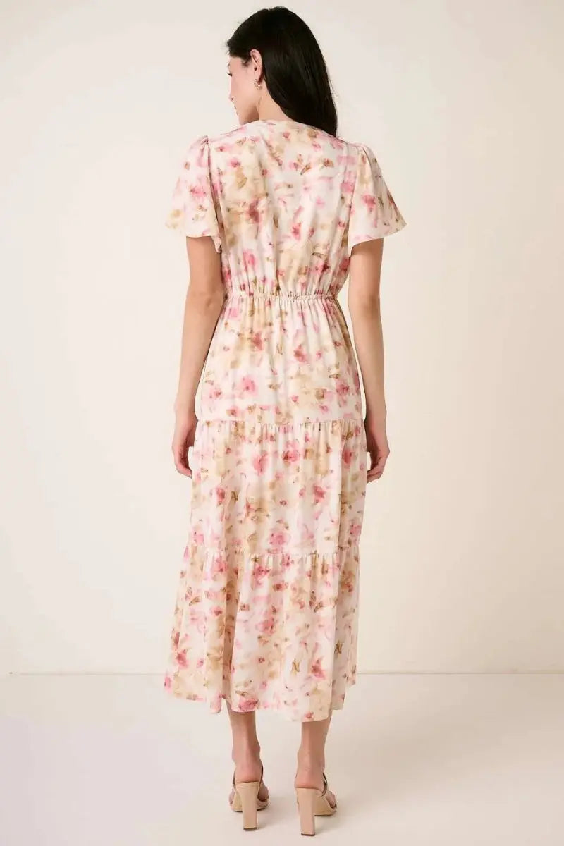 Mittoshop Flower Print Flutter Sleeve V Slit Maxi Dress - Love Salve